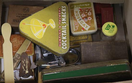 A quantity of advertising tins, Guinness bottle, opener etc